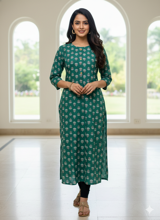 Emerald Block Print Green Kurta #RLK1004